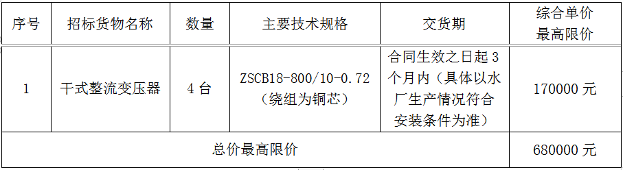 毛家坪水厂干式变压器（第二次重发）招标公告