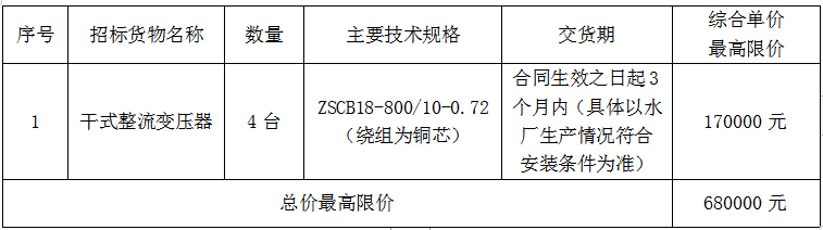 毛家坪水厂干式变压器（第三次重发）招标公告